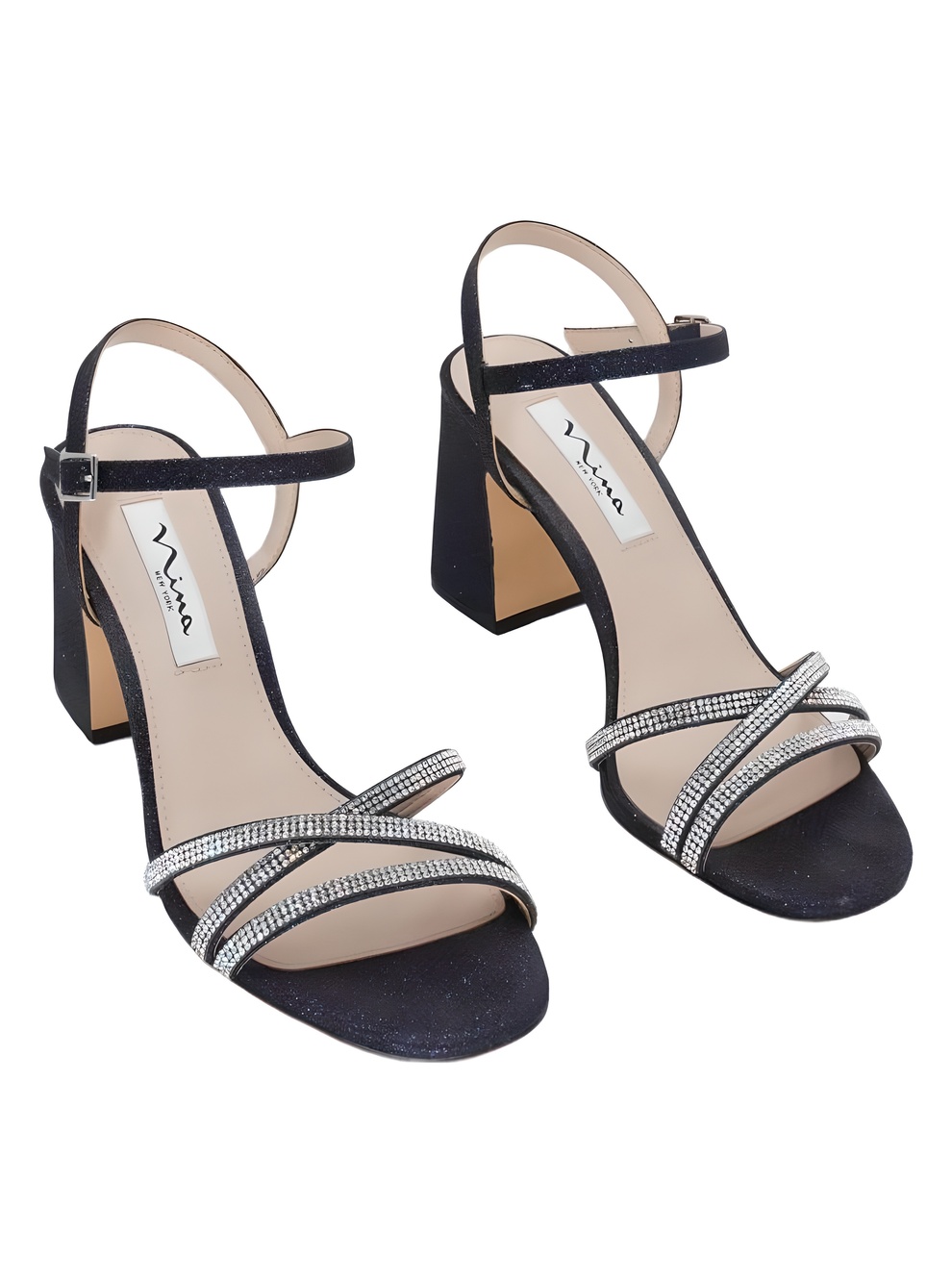 Nina Quella Navy Dreamland Rhinestone Strappy Block Heel Sandals Size 8M